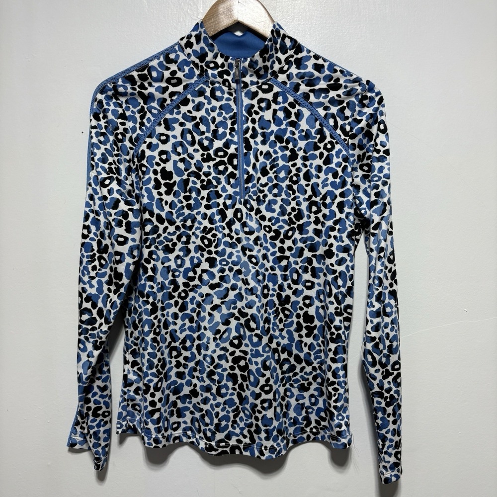 TAIL White Label Top Womens M Blue Animal Print 1/4 Zip Crochet Trim Long Sleeve